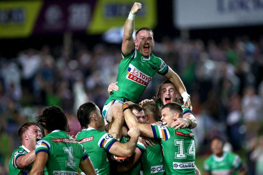 Canberra Raiders celebrate their Golden Point victory at the weekend. 