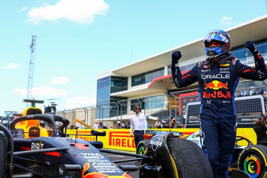 Max Verstappen celebrates in parc ferme after winning the sprint race ahead of the USA F1 Grand Prix