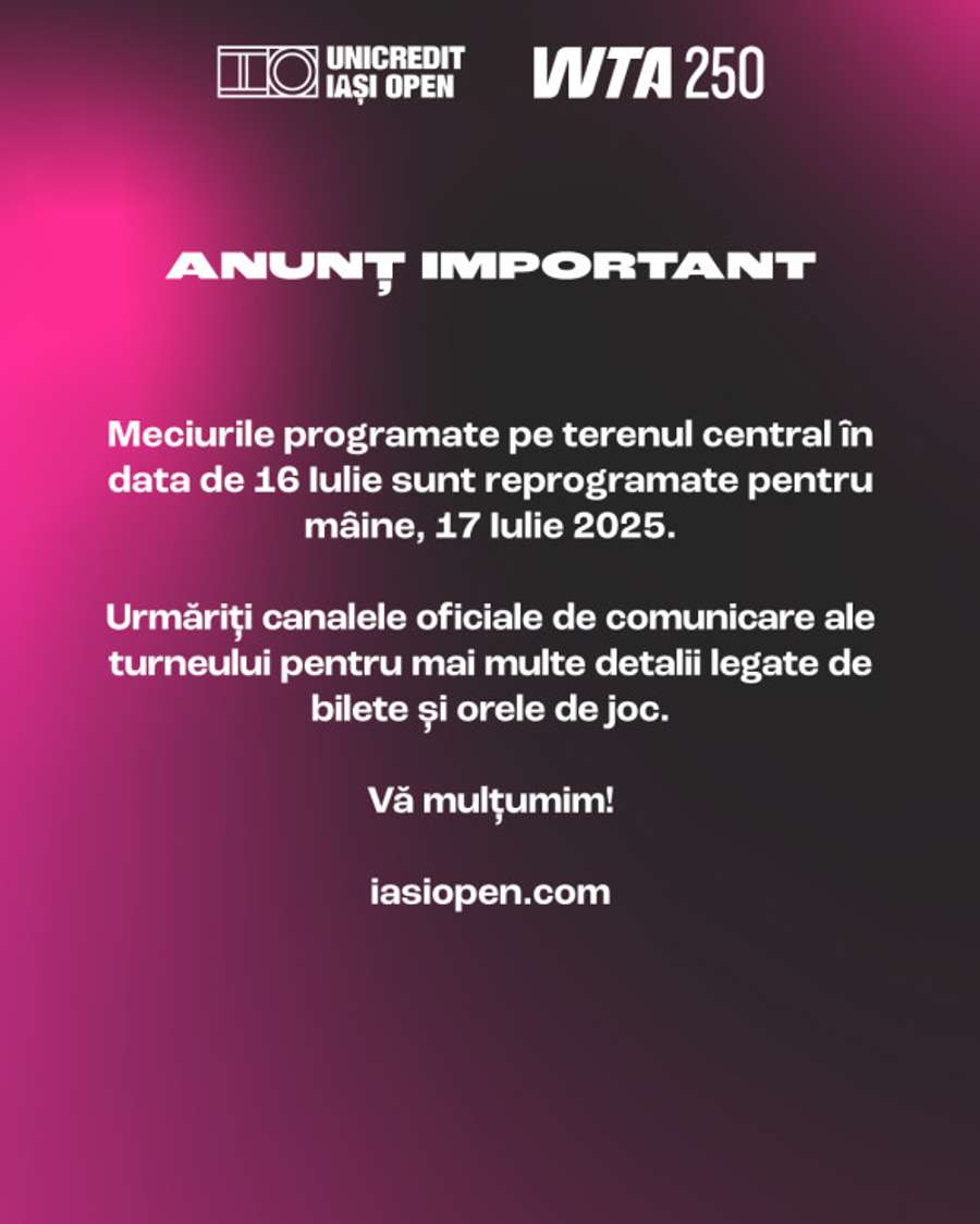 Anunțul făcut de organizatorii WTA Iași