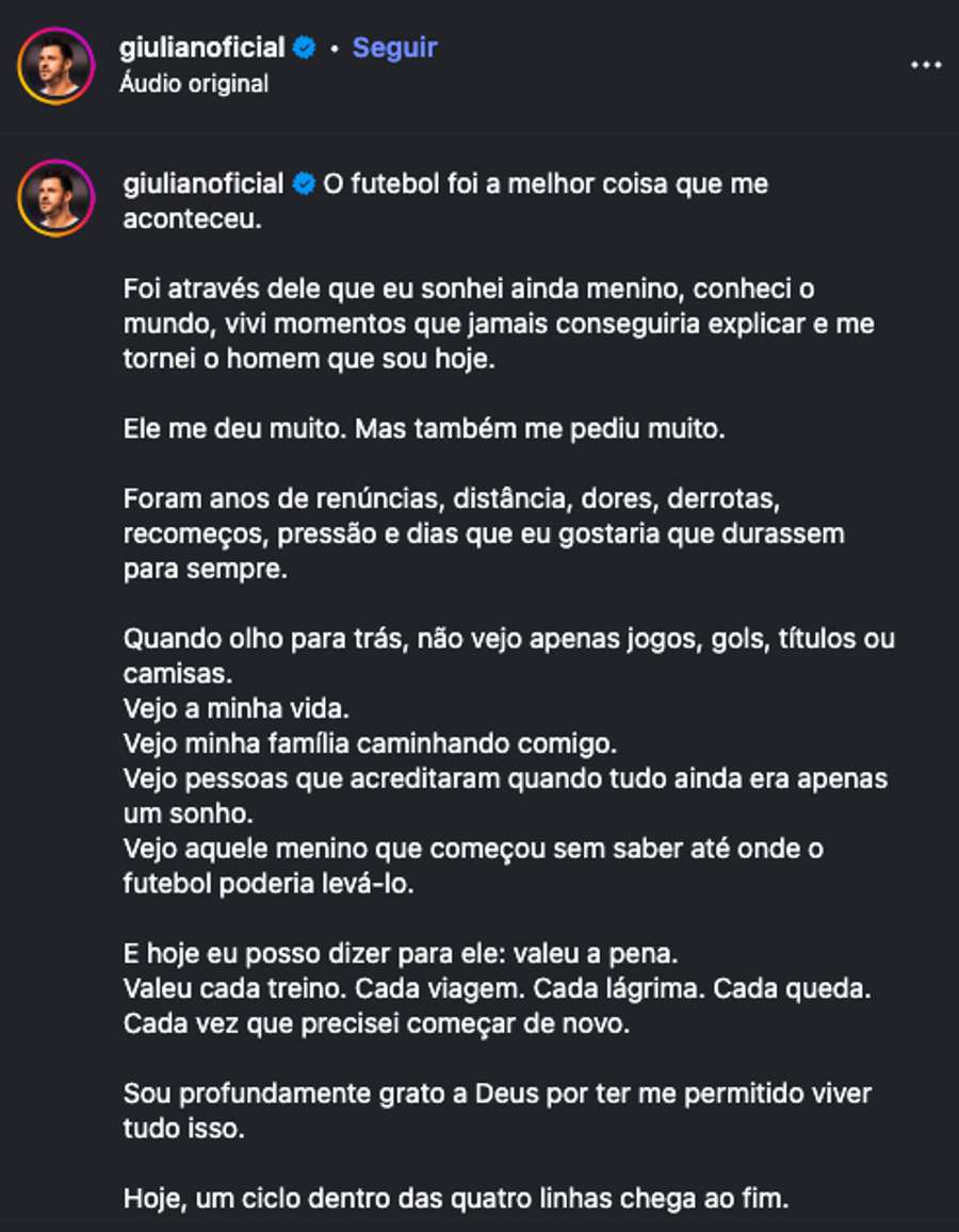 O texto de despedida publicado por Giuliano