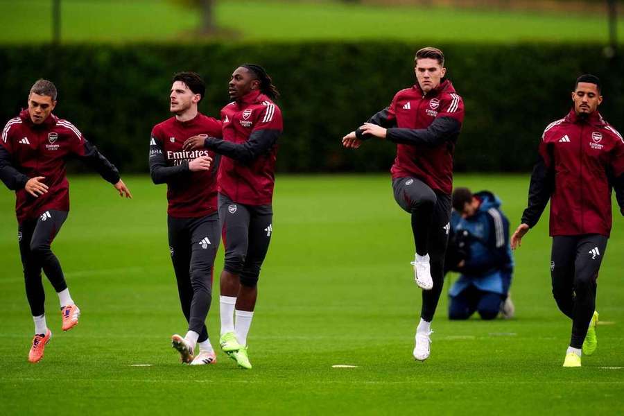 Arsenal's Leandro Trossard, Declan Rice, Eberechi Eze, Viktor Gyokeres and William Saliba during training Arsenal's Leandro Trossard, Declan Rice, Eberechi Eze, Viktor Gyokeres and William Saliba during training