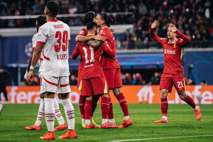 Darwin Nunez celebrates scoring Liverpool's opening goal with teammates