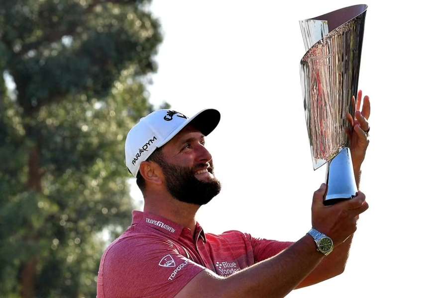 Rahm reacts following his victory in the final round of The Genesis Invitational golf tournament