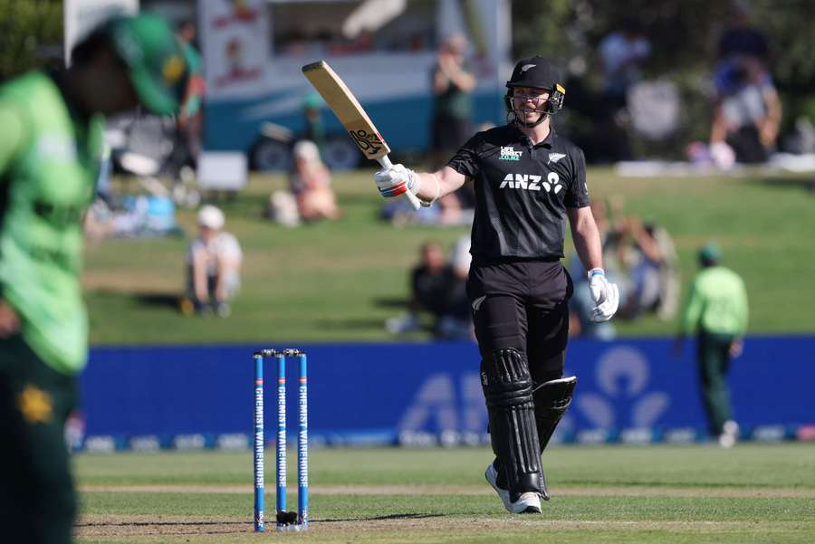 Michael Bracewell celebrates a half-century scored at home to Pakistan in April.