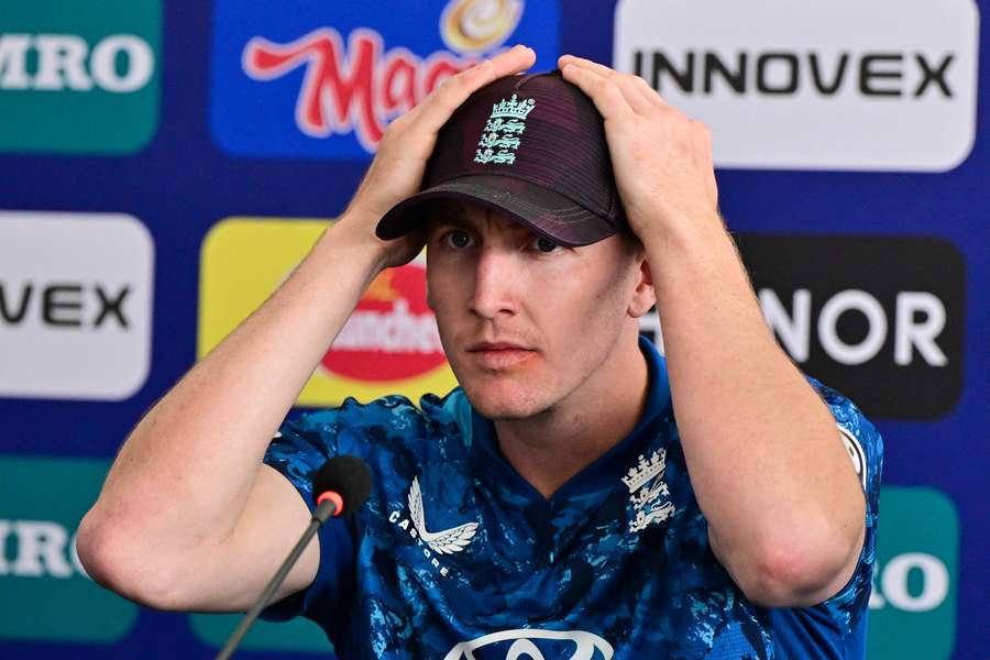 England captain Harry Brook talks to reporters in Colombo