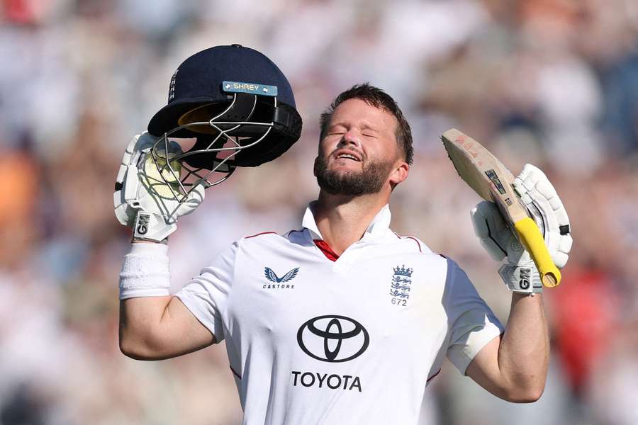 England's Ben Duckett celebrates after reaching his century against New Zealand