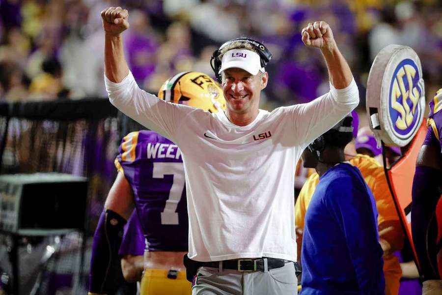 LSU head coach Lane Kiffin celebrates during Week 2