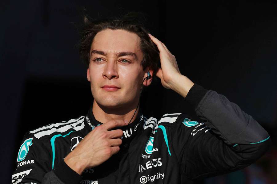 Mercedes' George Russell celebrates taking pole position for the sprint race Mercedes' George Russell celebrates taking pole position for the sprint race