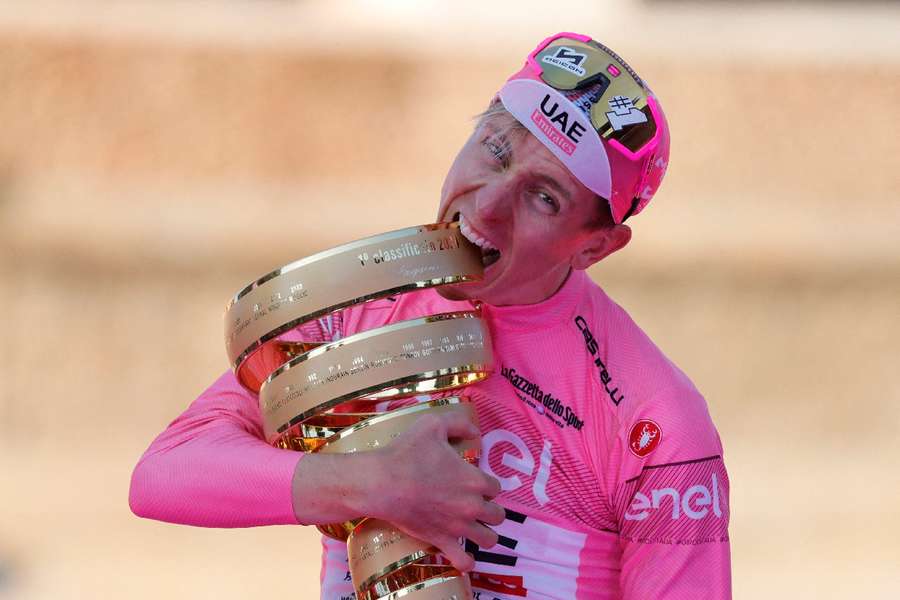 Tadej Pogacar celebrating his Giro d'Italia win