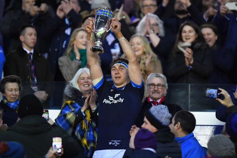 Scotland's captain Jamie Ritchie lifts the Doddie Weir cup after the Six Nations international rugby union match between Scotland and Wales