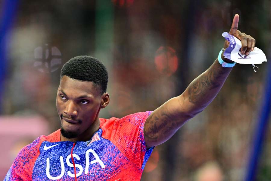 US sprint star Fred Kerley celebrates after winning bronze in the 100m final at Paris 2024