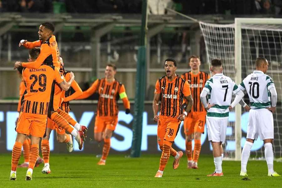 Shakhtar's Yehor Nazaryna (left) celebrates scoring their side's second goal 