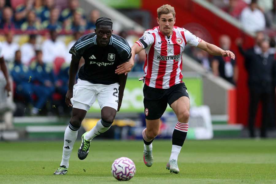Yarmoliuk (right) battling for the ball against Aston Villa