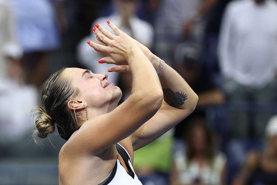 Belarus's Aryna Sabalenka reacts after defeating USA's Amanda Anisimova