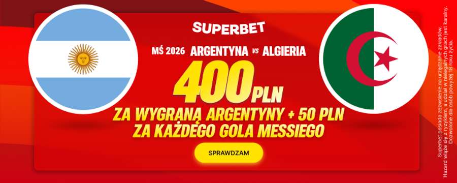 Promocja w Superbet: kurs 200.0 na zwycięstwo Argentyny i 50 PLN za każdego gola Messiego Promocja w Superbet: kurs 200.0 na zwycięstwo Argentyny i 50 PLN za każdego gola Messiego