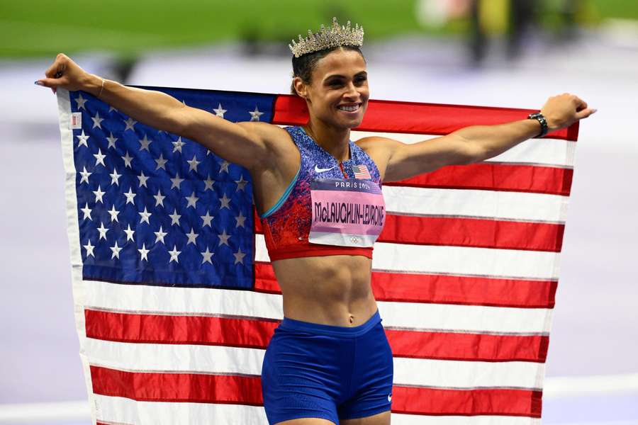 Sydney McLaughlin-Levrone celebrates after winning the women's 400m hurdles at the Olympic Games Paris 2024