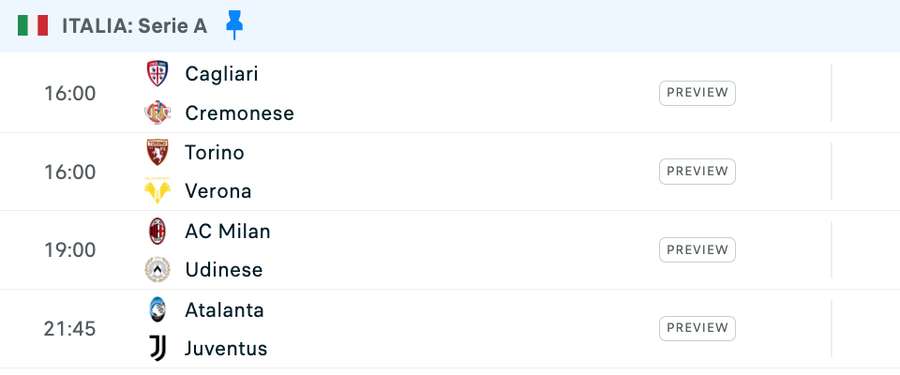 Programul zilei în Serie A Programul zilei în Serie A