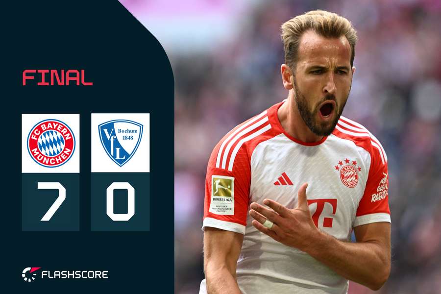 Atacantul englez al lui Bayern Munchen, Harry Kane, sărbătorește după ce a marcat al doilea gol al său