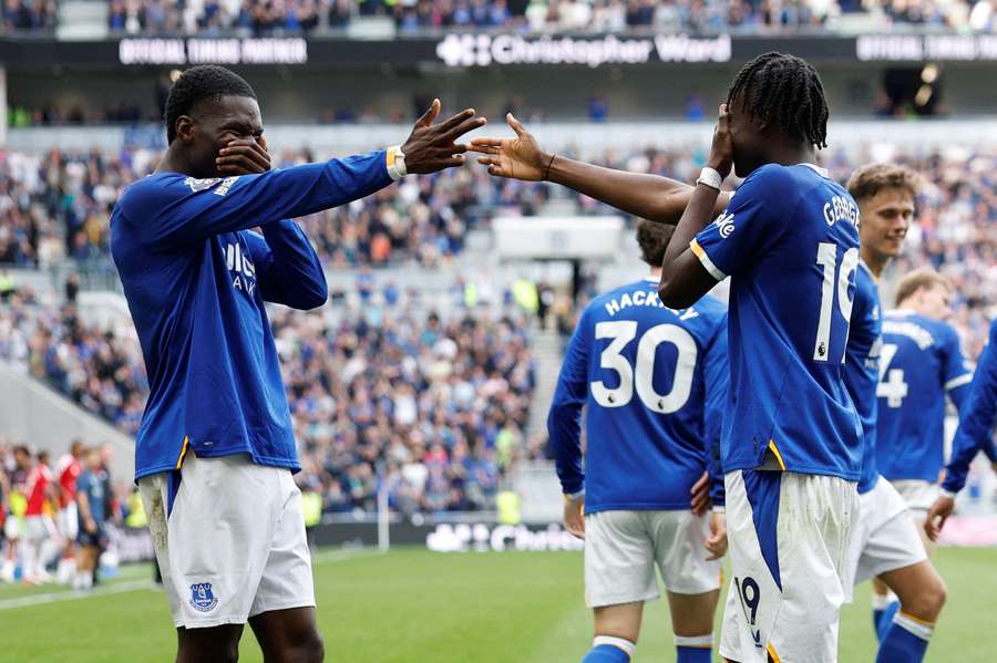 Everton's Tyrique George celebrates scoring their first goal with Thierno Barry Everton's Tyrique George celebrates scoring their first goal with Thierno Barry