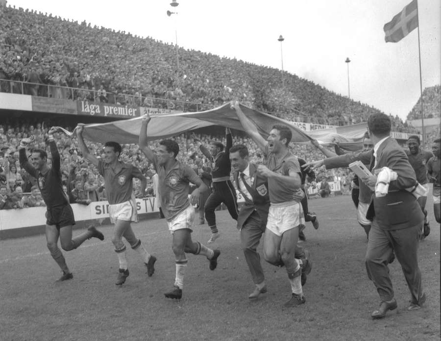 Brazil players celebrate at Rasunda Stadium, Solna Brazil players celebrate at Rasunda Stadium, Solna