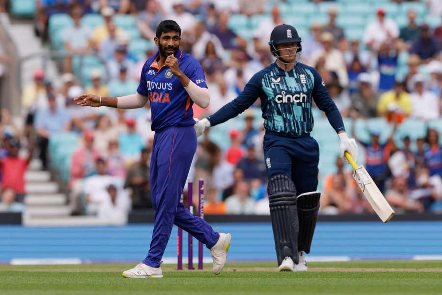 Jasprit Bumrah, left, removes Jason Roy for the first of his six wickets at The Oval