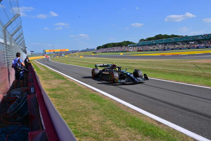 Lewis Hamilton takes part in the second practice session ahead of the British Grand Prix