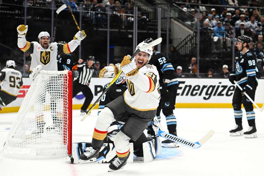 Golden Knights'  Brett Howden celebrates goal in Game 6 vs Utah Mammoth