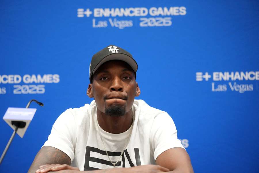 Fred Kerley takes part in a press conference for the Enhanced Games Fred Kerley takes part in a press conference for the Enhanced Games