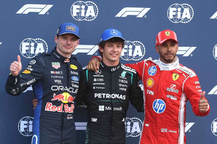 Max Verstappen, Kimi Antonelli and Lewis Hamilton