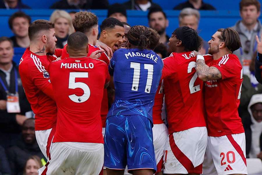 Chelsea and Nottingham Forest players squabble during Sunday's game