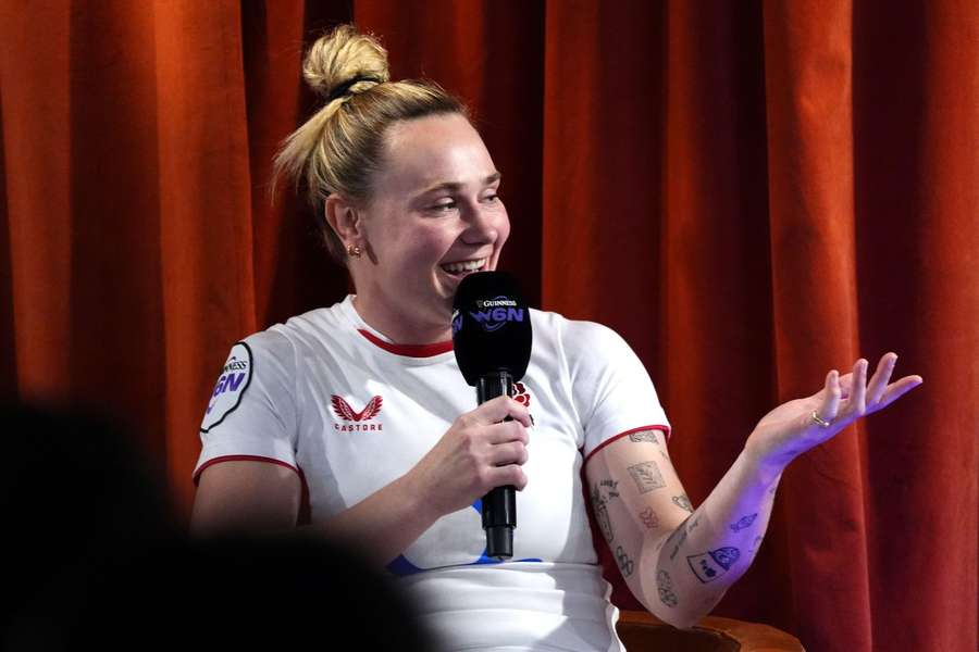 England's Meg Jones speaks to the media during the 2026 Women's Six Nations launch event at the Guinness Open Gate Brewery in London last month