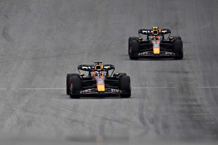 Red Bull's Max Verstappen competes ahead of Sergio Perez during the qualifying session