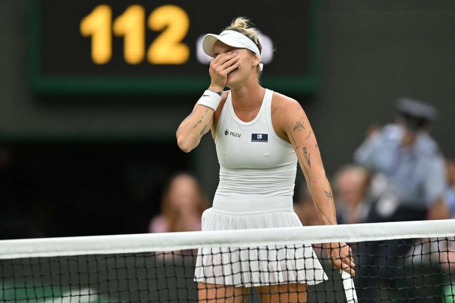 Czech Republic's Marketa Vondrousova reacts to beating US player Jessica Pegula 