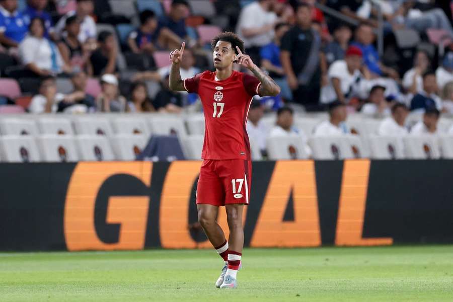 Tajon Buchanan bejubelt sein Tor für Kanada gegen El Salvador beim Gold Cup.