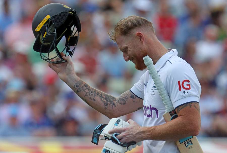 England's captain Ben Stokes walks back to the pavilion after losing his wicket for 43 runs