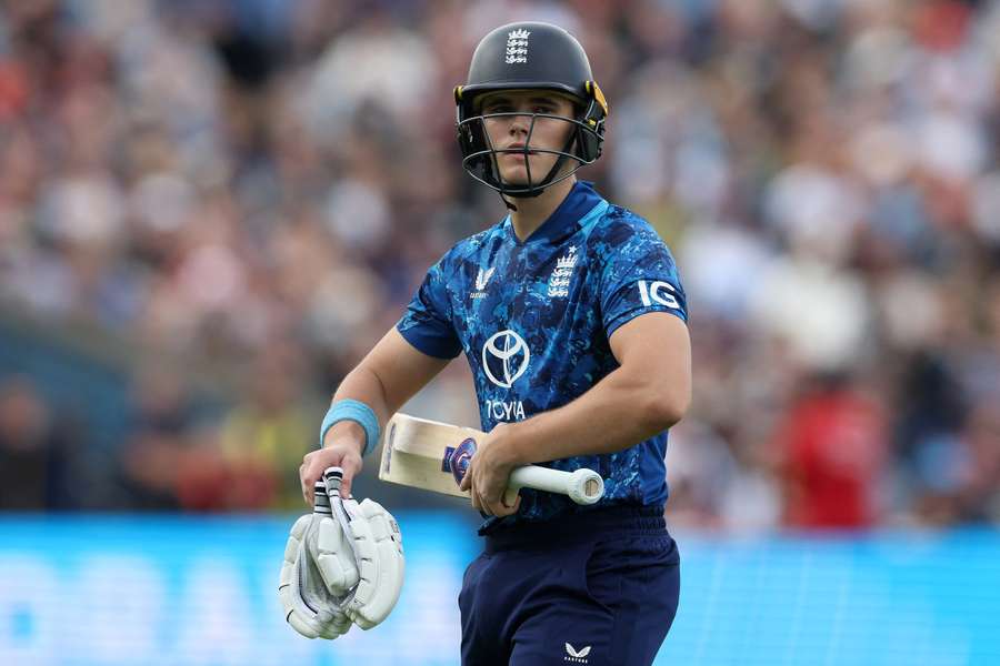 England's Jacob Bethell hits a six during his 82 in the 1st ODI against the West Indies at Edgbaston