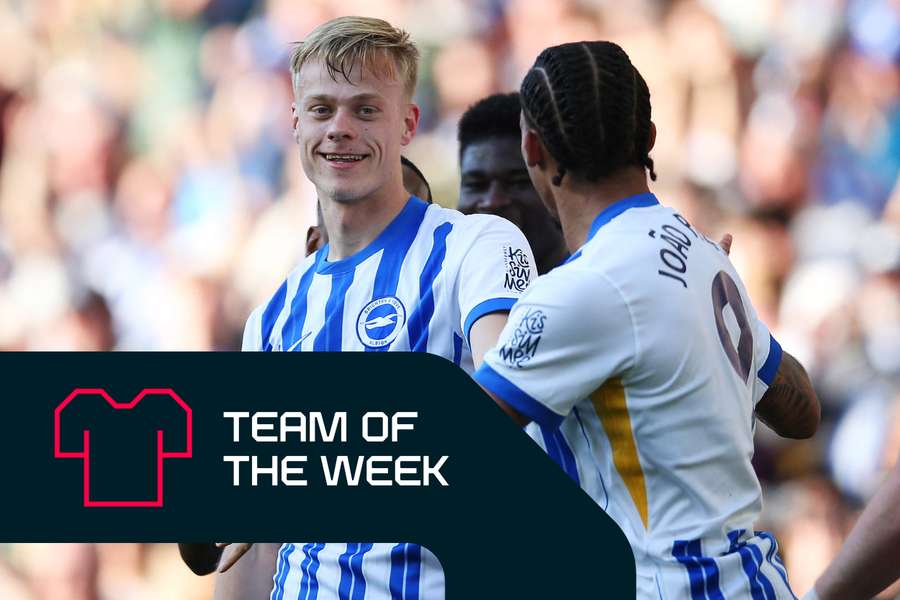 Brighton's Jan Paul van Hecke (left) celebrates with Joao Pedro