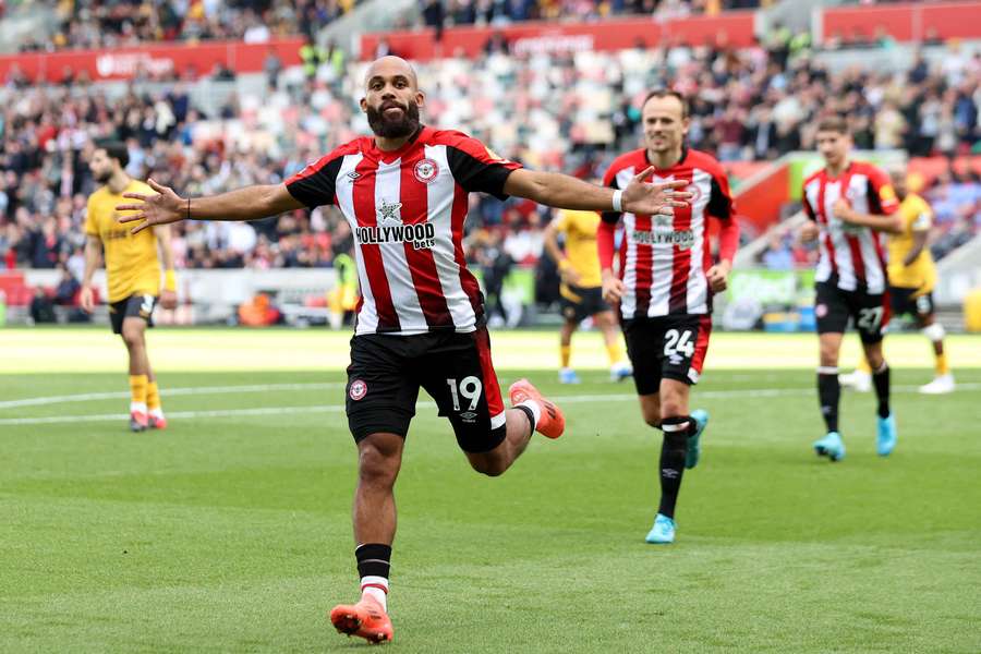 Bryan Mbeumo celebrates scoring Brentford's second goal against Wolves