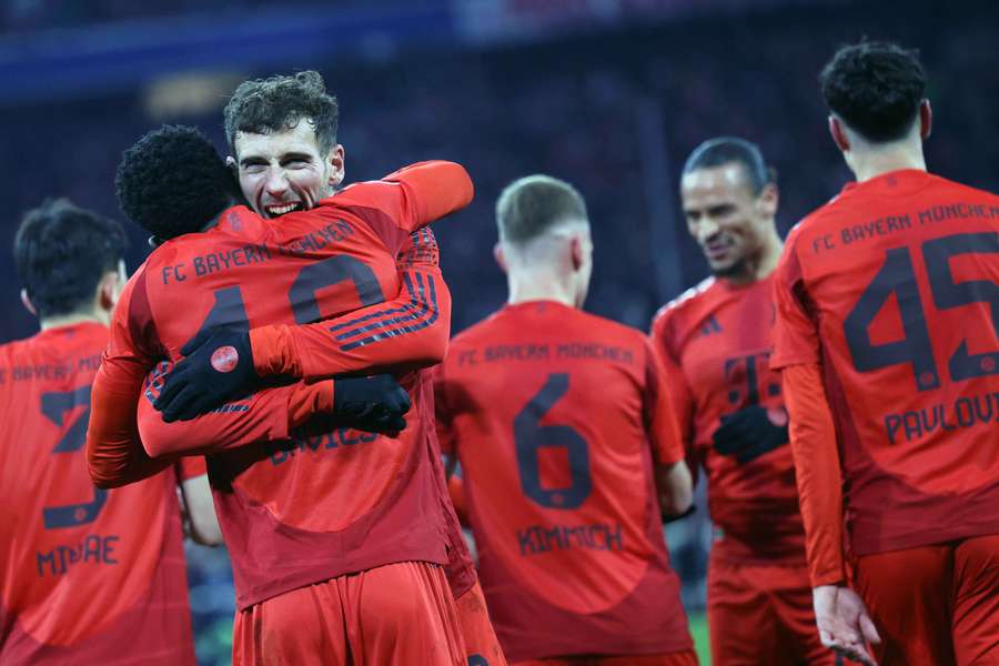 Bayern Munich players celebrate a goal during their 5-1 Bundesliga win over RB Leipzig in December, 2024