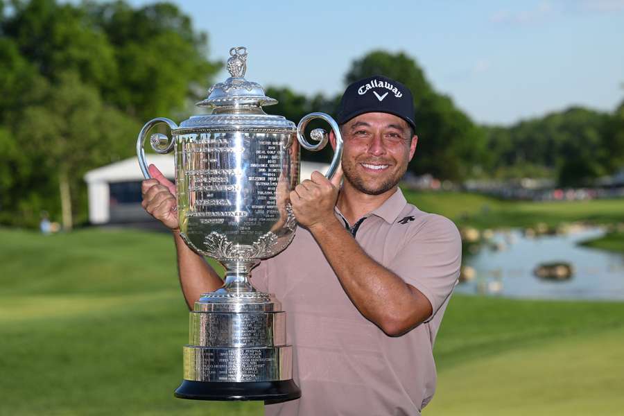 Xander Schauffele holds the Wanamaker Trophy after winning the PGA Championship at Valhalla for his first major title