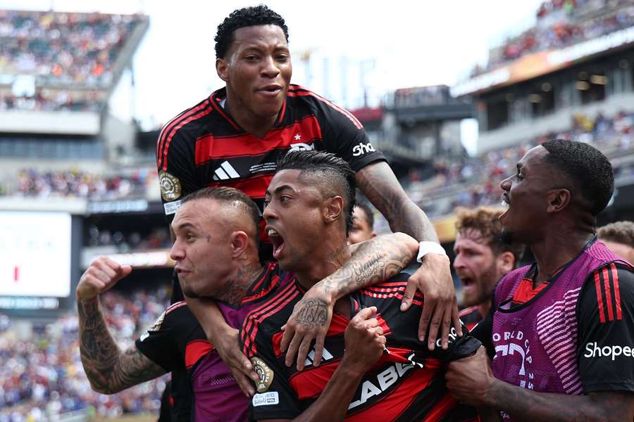Bruno Henrique celebrates with teammates after scoring Flamengo's equalising goal against Chelsea