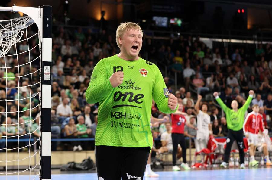 Vezsprem's Emil Nielsen celebrates the win over Barcelona