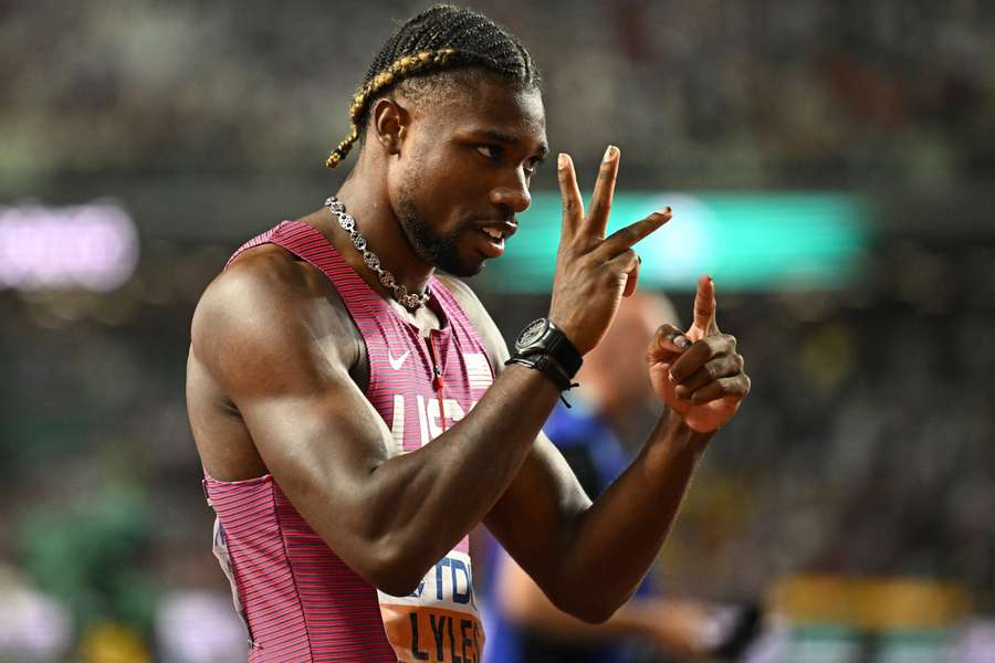 Noah Lyles celebrates his gold medal in Budapest
