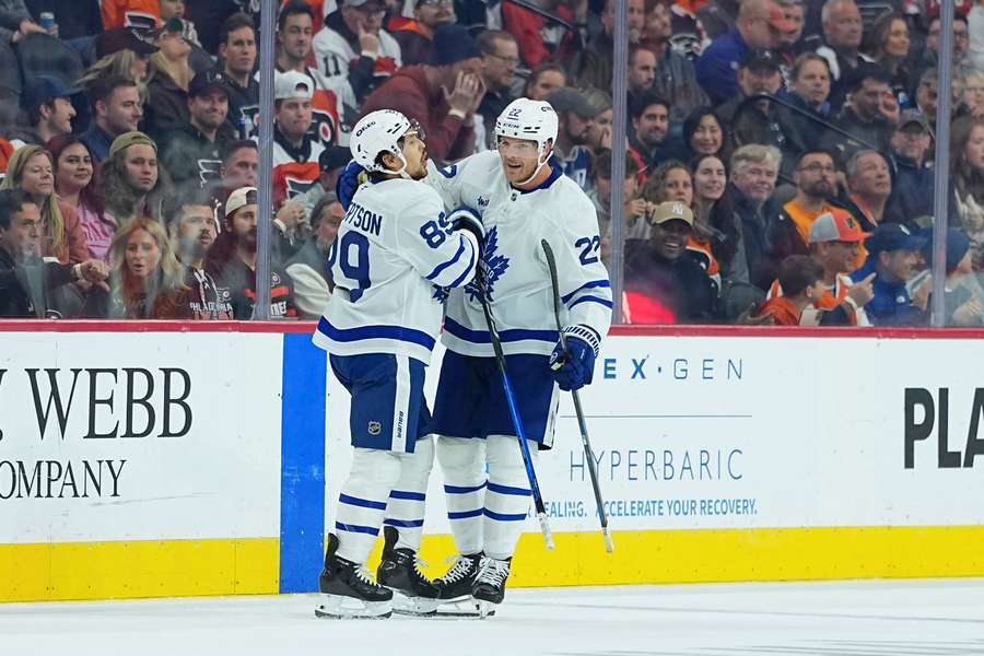 The Toronto Maple Leafs celebrate a goal as part of their win on Saturday in the NHL. The Toronto Maple Leafs celebrate a goal as part of their win on Saturday in the NHL.