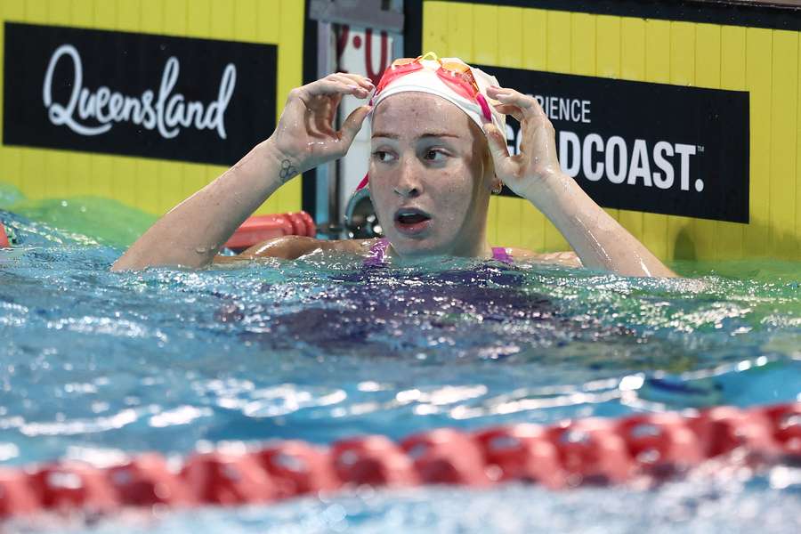 Mollie O'Callaghan reacts after winning the women's 200m freestyle final.