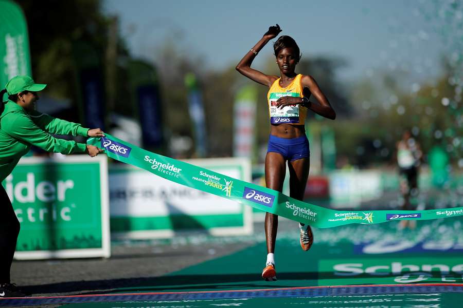 Purity Rionoripo of Kenya crosses the finish line to win the womens race of the 41st Paris Marathon Purity Rionoripo of Kenya crosses the finish line to win the womens race of the 41st Paris Marathon