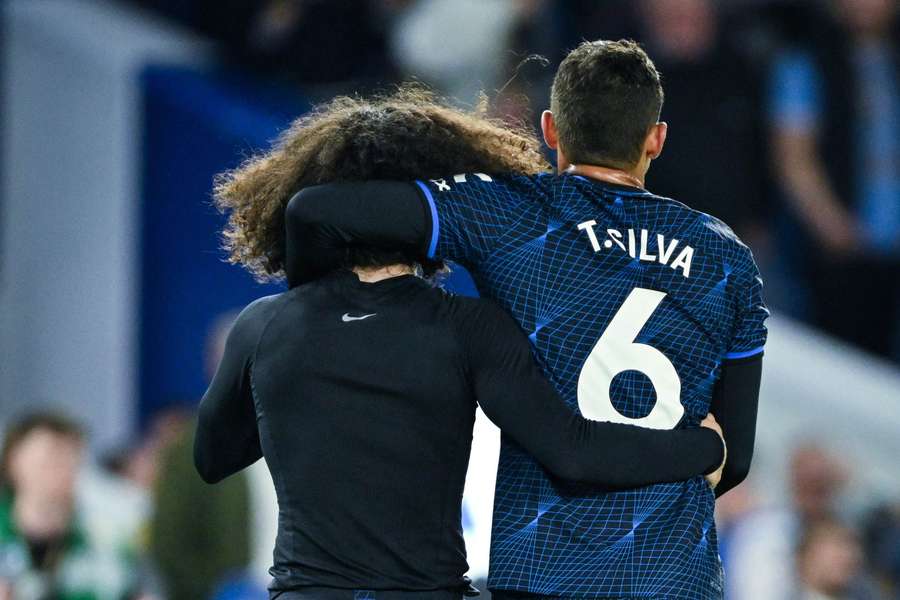 Cucurella hugs Thiago Silva during Chelsea's Premier League match against Brighton Cucurella hugs Thiago Silva during Chelsea's Premier League match against Brighton