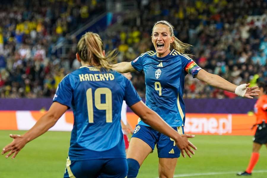 Kosovare Asllani celebrates scoring Sweden's second