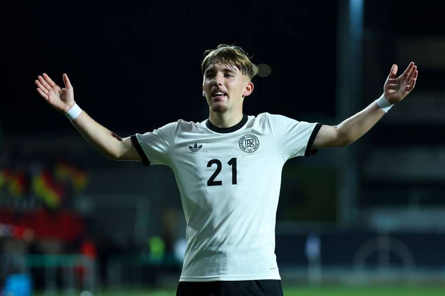 Lennart Karl feiert einen Treffer für die deutsche U21-Nationalmannschaft. Lennart Karl feiert einen Treffer für die deutsche U21-Nationalmannschaft.
