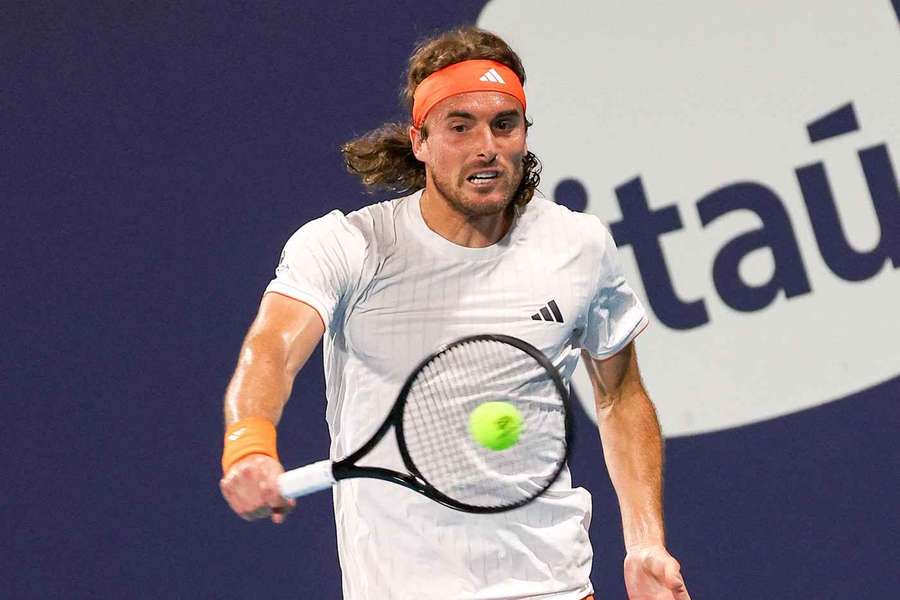 Stefanos Tsitsipas in action during the Tennis Miami Open at the  Hard Rock Stadium